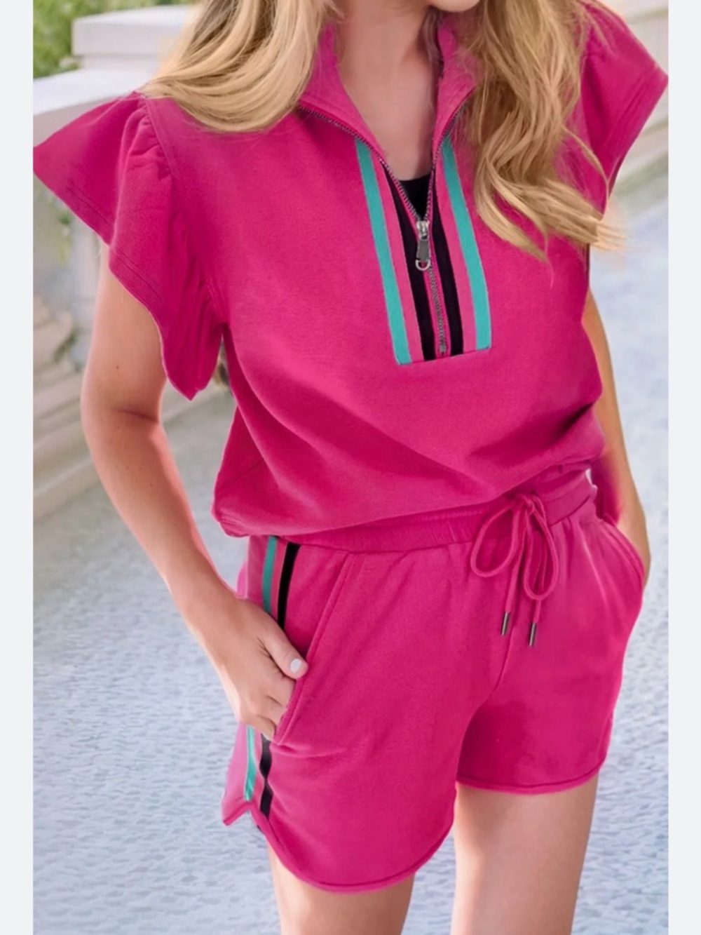 Pink Two-Piece Zip Neck Short Set with Teal & Black Trim